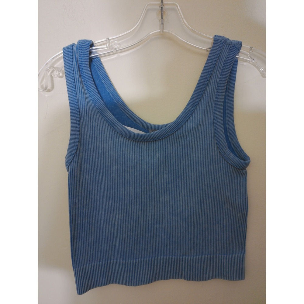Eye Candy Tank Top Womens L/XL Blue Mineral Wash Ribbed Cropped Athleisure Boho